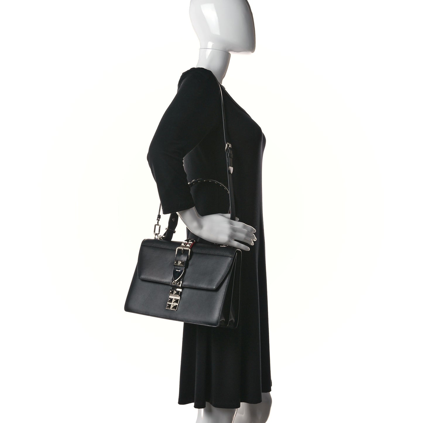 Saffiano City Calfskin Studded Elektra Shoulder Bag Black Fuoco