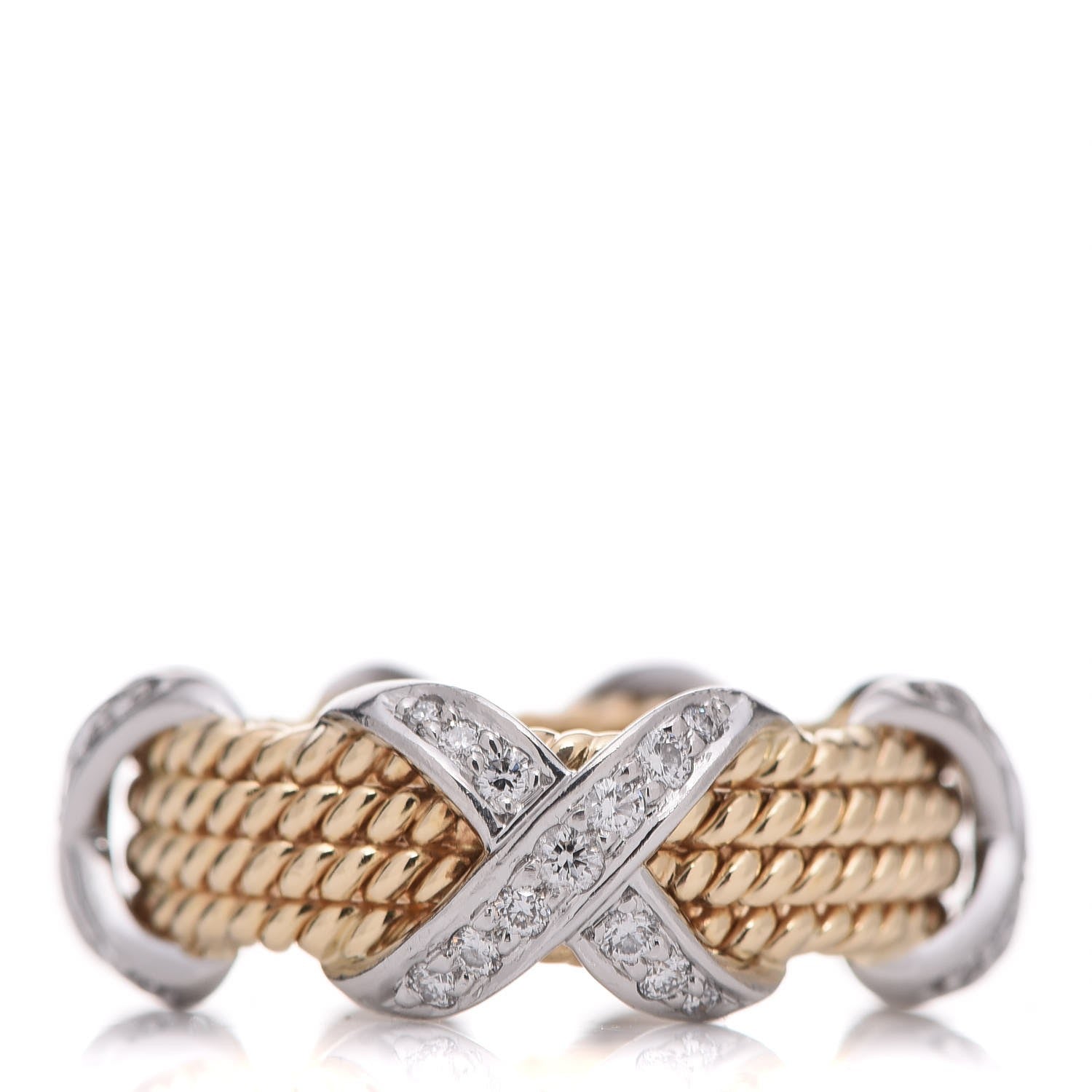 Tiffany 18K Yellow Gold Platinum Diamond Schlumberger Rope Four Row X Ring 57 8 3 of 7