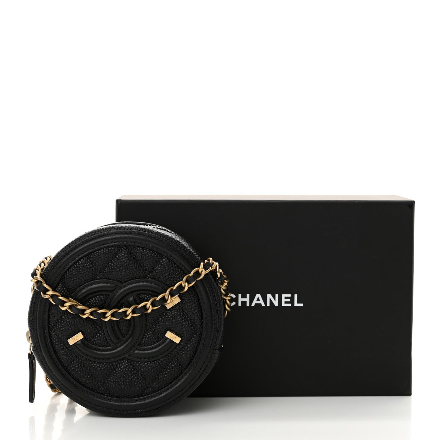 Caviar Quilted Round Filigree Crossbody Black