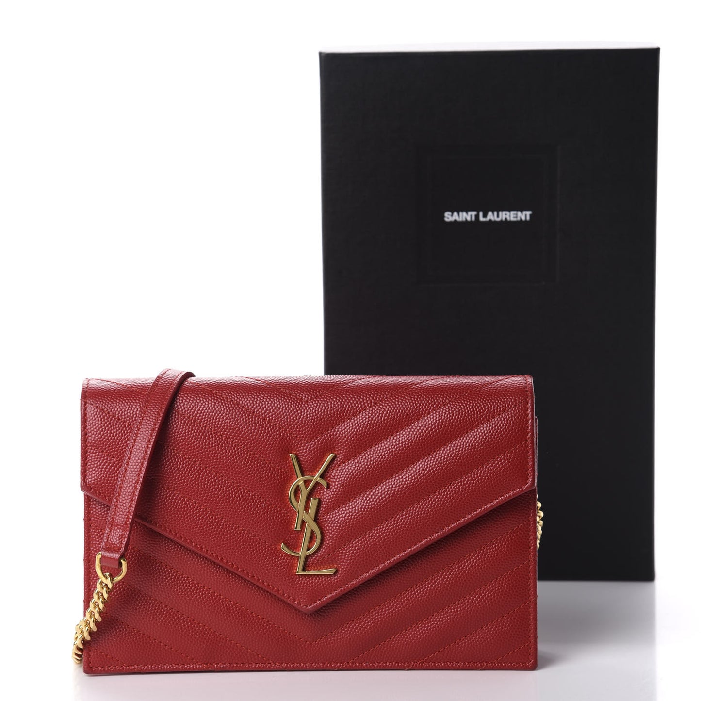 Grain De Poudre Matelasse Chevron Monogram Envelope Chain Wallet New Red