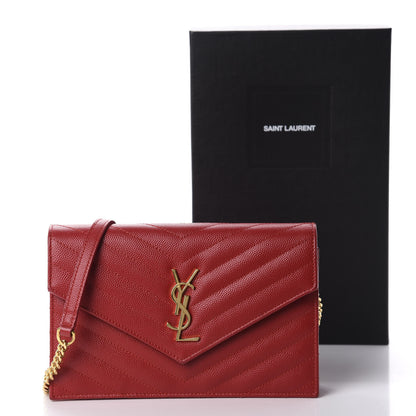 Saint Laurent Grain De Poudre Matelasse Chevron Monogram Envelope Chain Wallet New Red 11 of 11