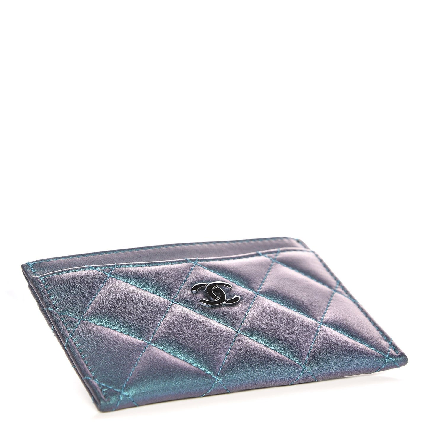 Metallic Lambskin Quilted Card Holder Turquoise