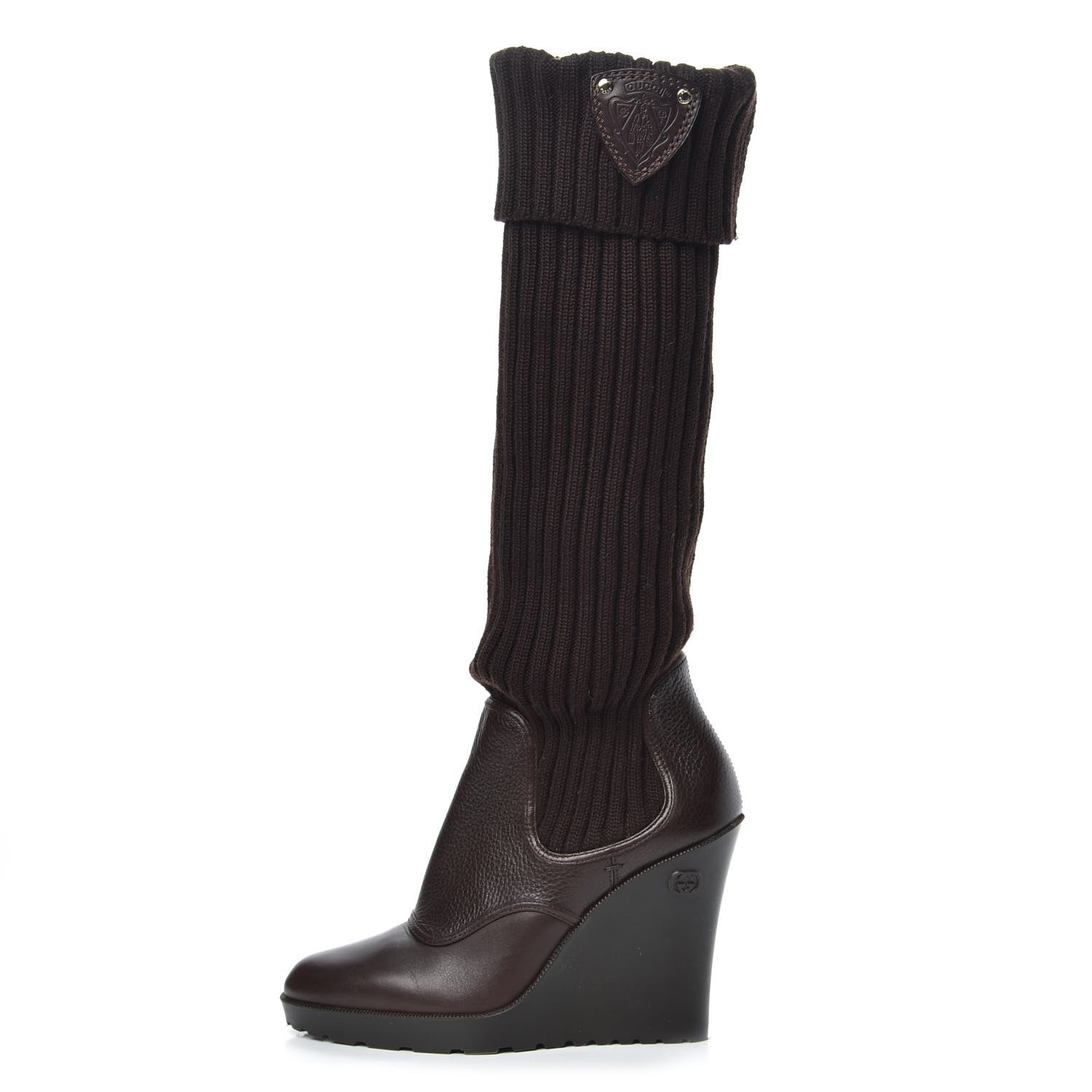 Gucci Wool Calfskin Knee Length Sock Boots 38 Brown 1 of 9