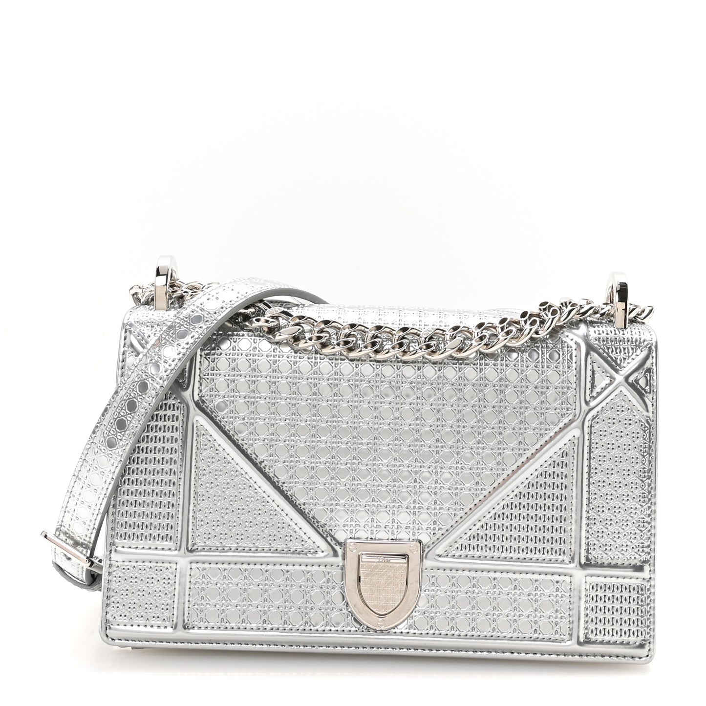 Metallic Patent Micro-Cannage Small Diorama Flap Bag Silver