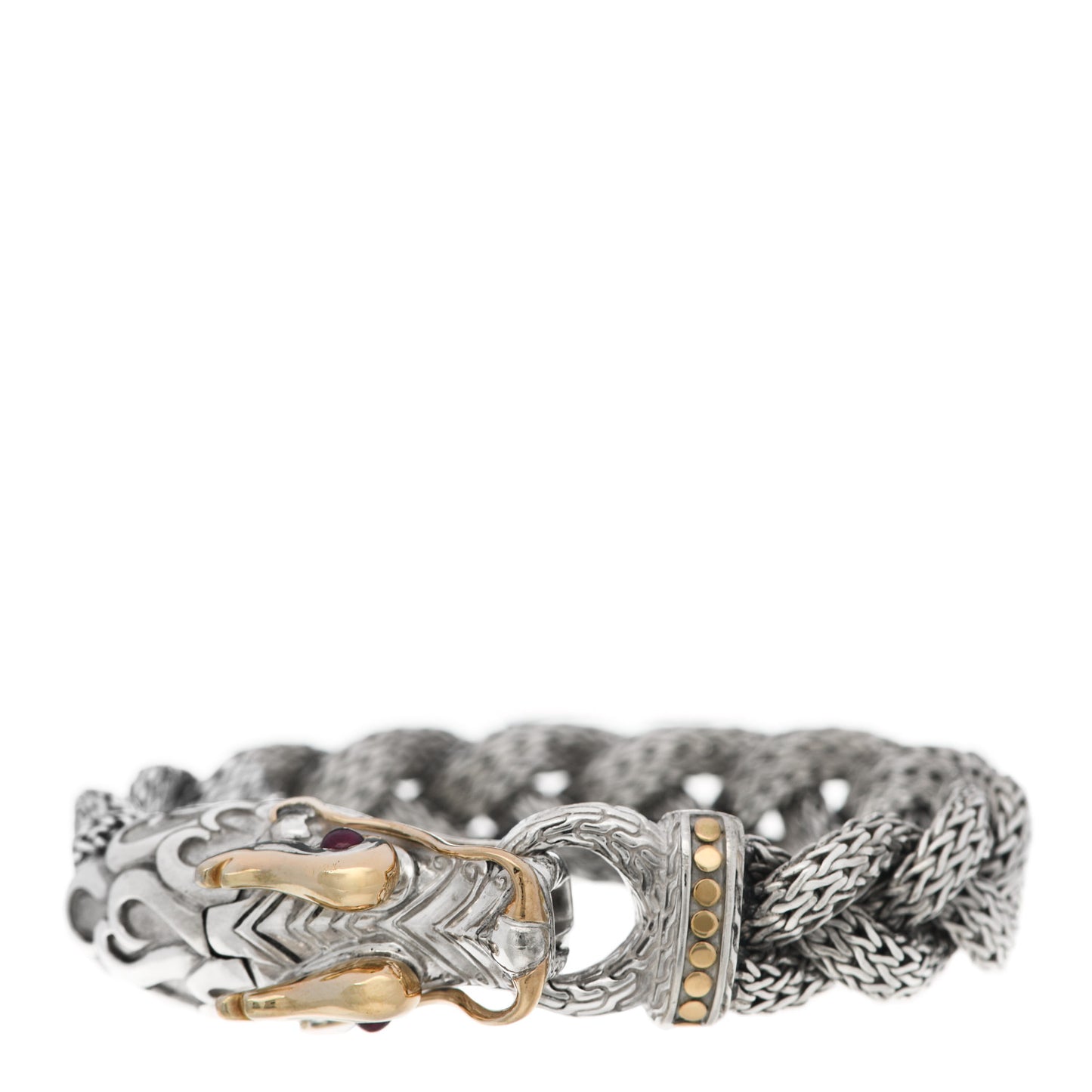 Sterling Silver 18K Yellow Gold Ruby Naga Dragon Braided Chain Bracelet