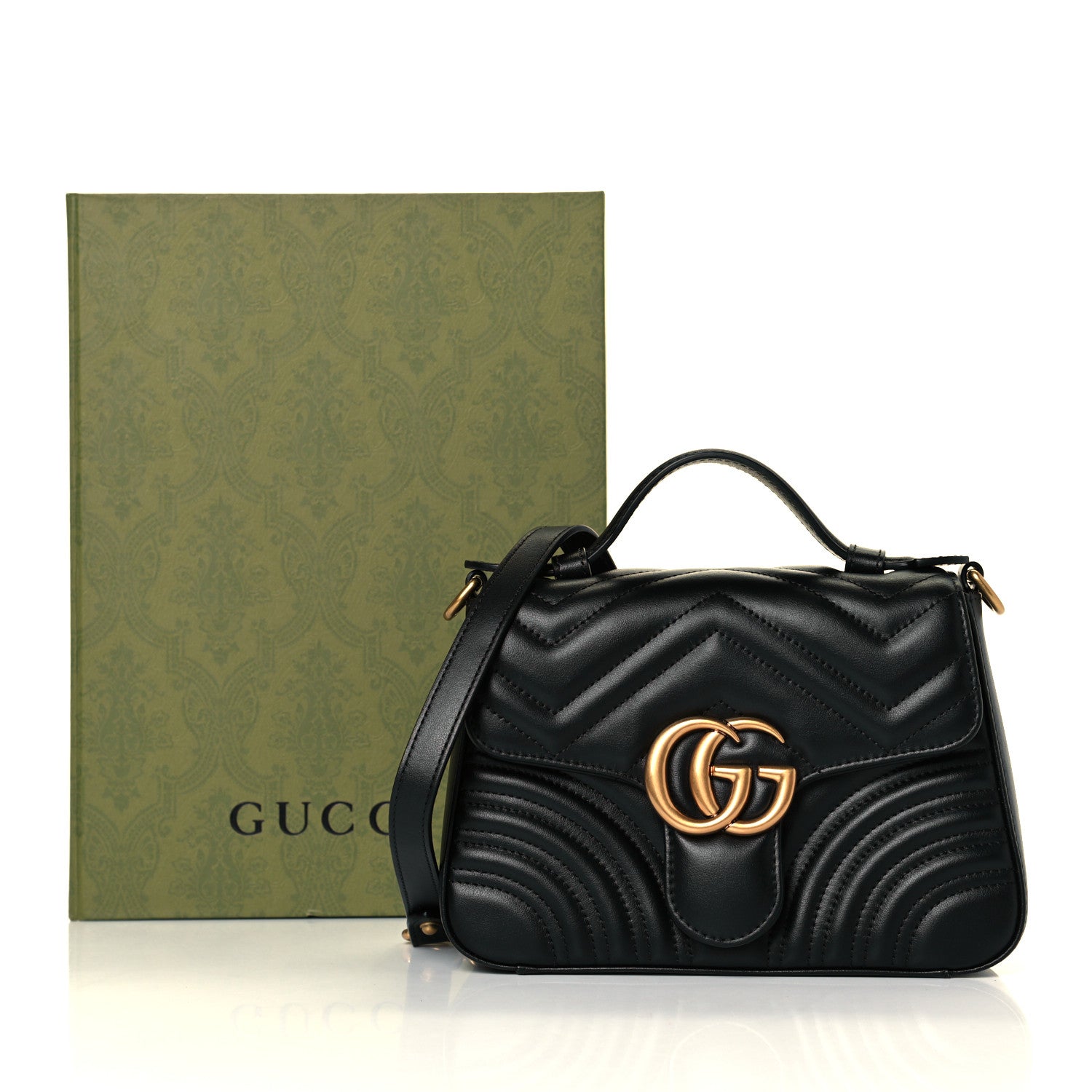 Gucci Calfskin Matelasse Mini GG Marmont Top Handle Shoulder Bag Black 14 of 15