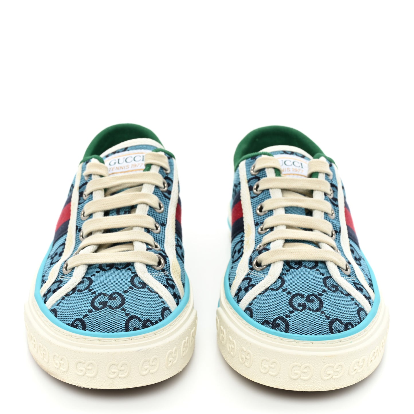 GG Monogram Multicolor Web Womens 1977 Tennis Sneakers 35 Light Blue Mystic White