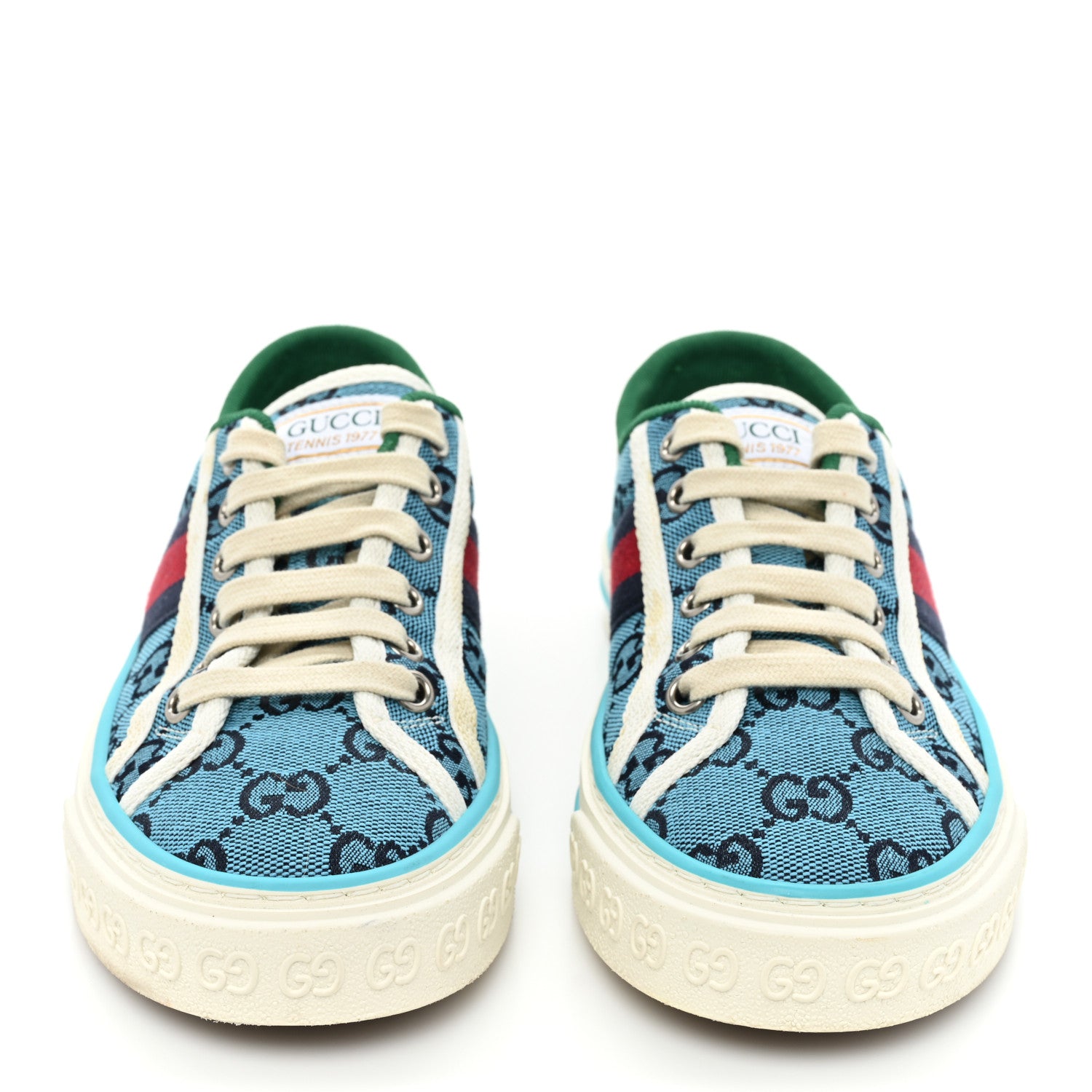 Gucci GG Monogram Multicolor Web Womens 1977 Tennis Sneakers 35 Light Blue Mystic White 2 of 13