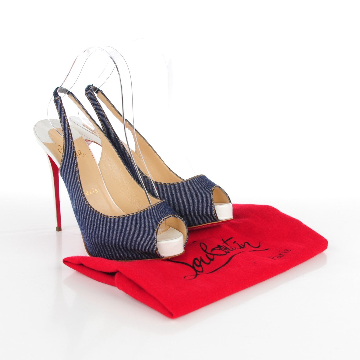 Christian Louboutin Denim Lady Peep Sling 120 Pumps 37.5 Blue White 5 of 8