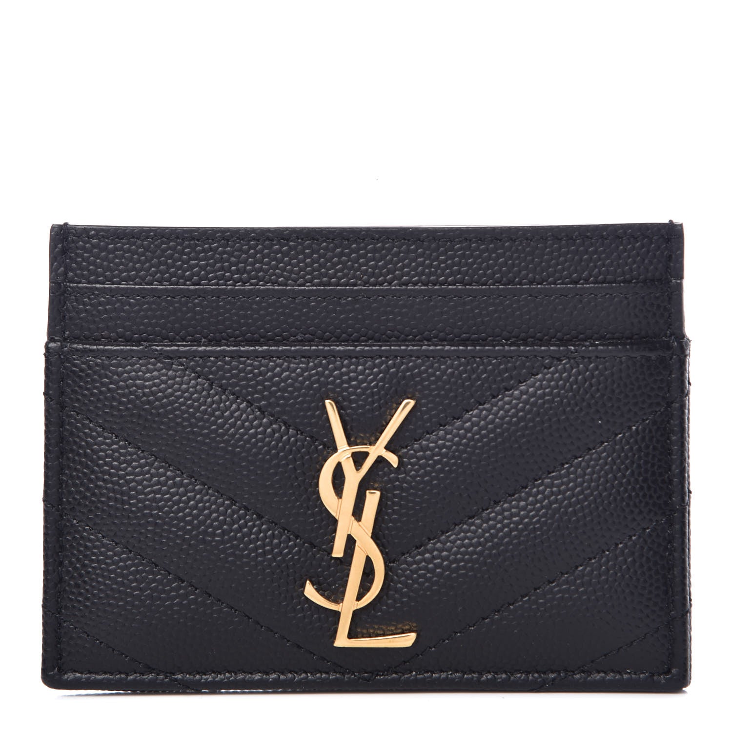 Saint Laurent Grain De Poudre Matelasse Chevron Monogram Credit Card Case Black 1 of 8