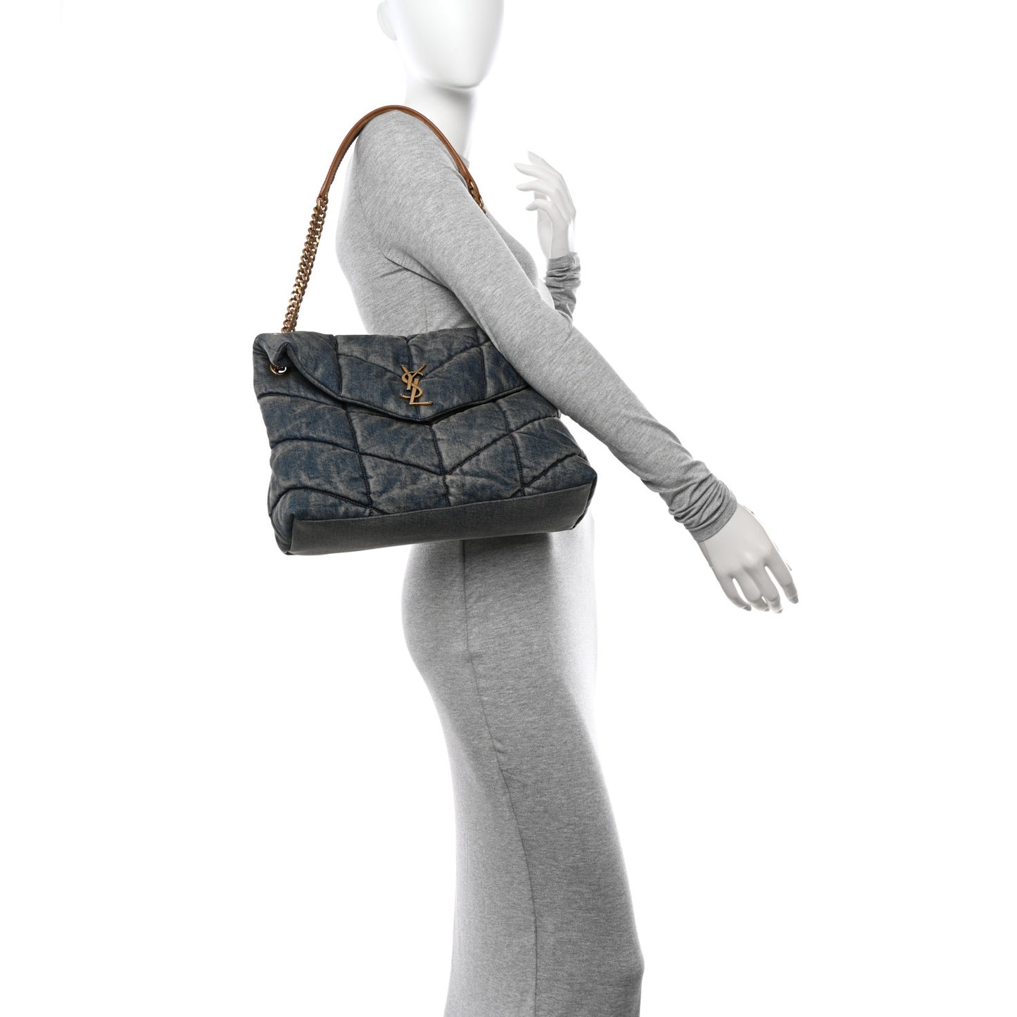Denim Quilted Medium Loulou Puffer Monogram Chain Satchel Blue Cinnamon