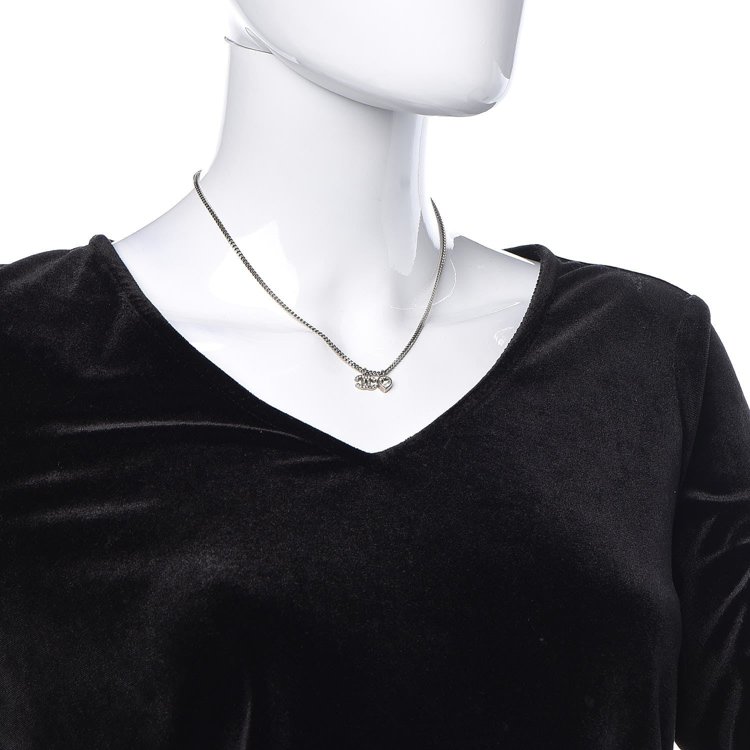 Chanel Crystal Mini Heart CC Necklace Silver 2 of 8