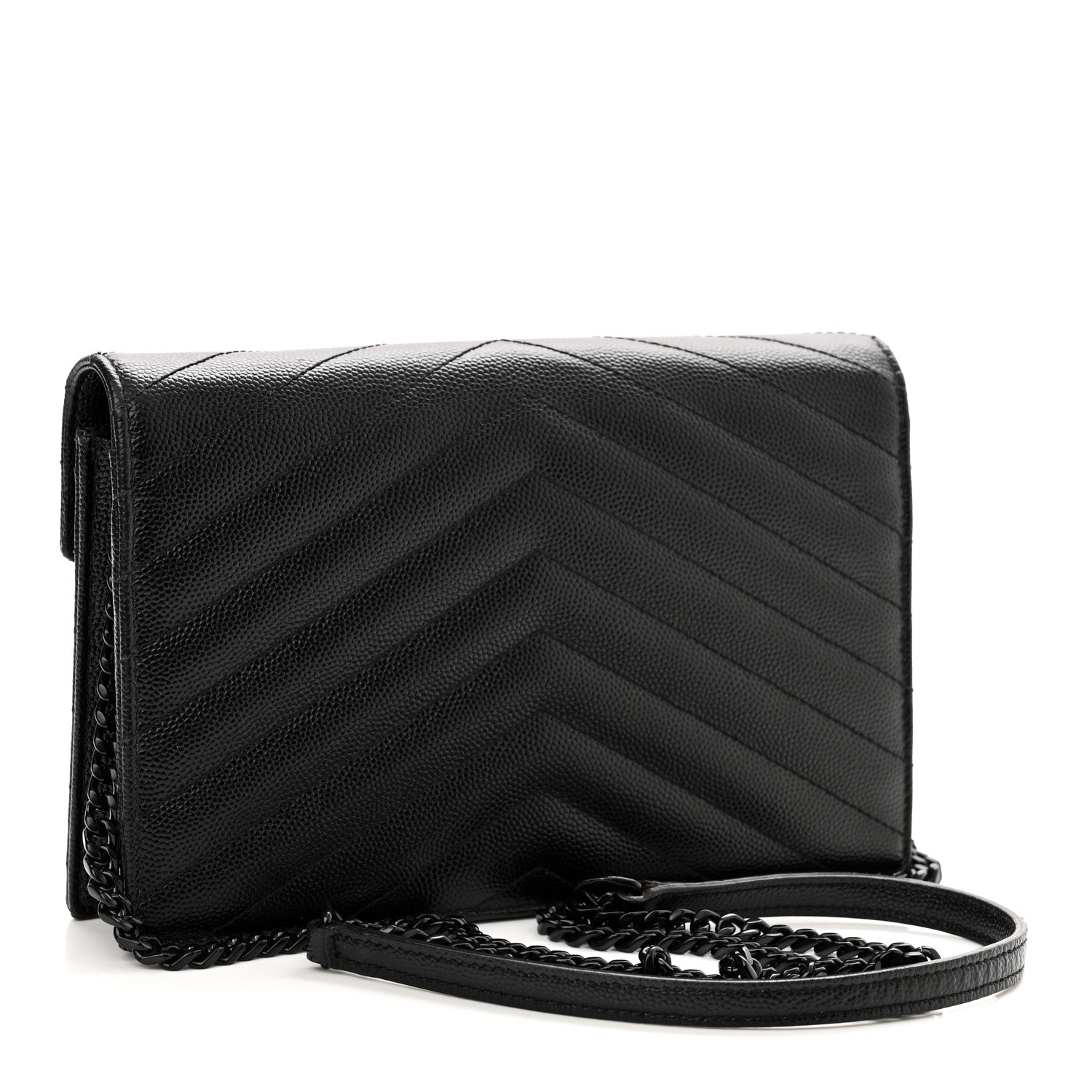 Saint Laurent Grain De Poudre Matelasse Chevron Monogram Monochrome Envelope Chain Wallet Black 3 of 11