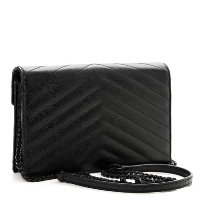 Saint Laurent Grain De Poudre Matelasse Chevron Monogram Monochrome Envelope Chain Wallet Black 3 of 11