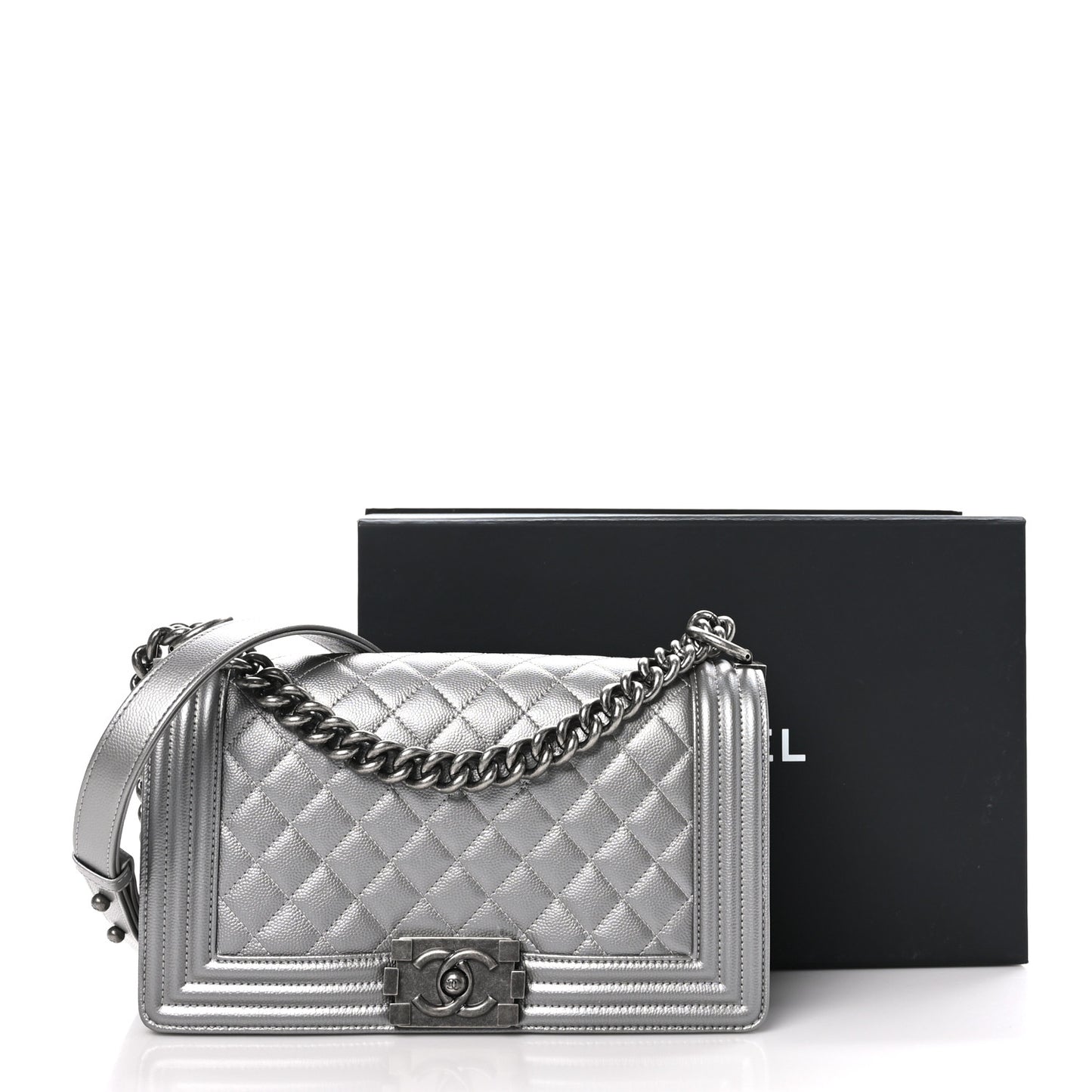 Metallic Caviar Quilted Medium Boy Flap Silver