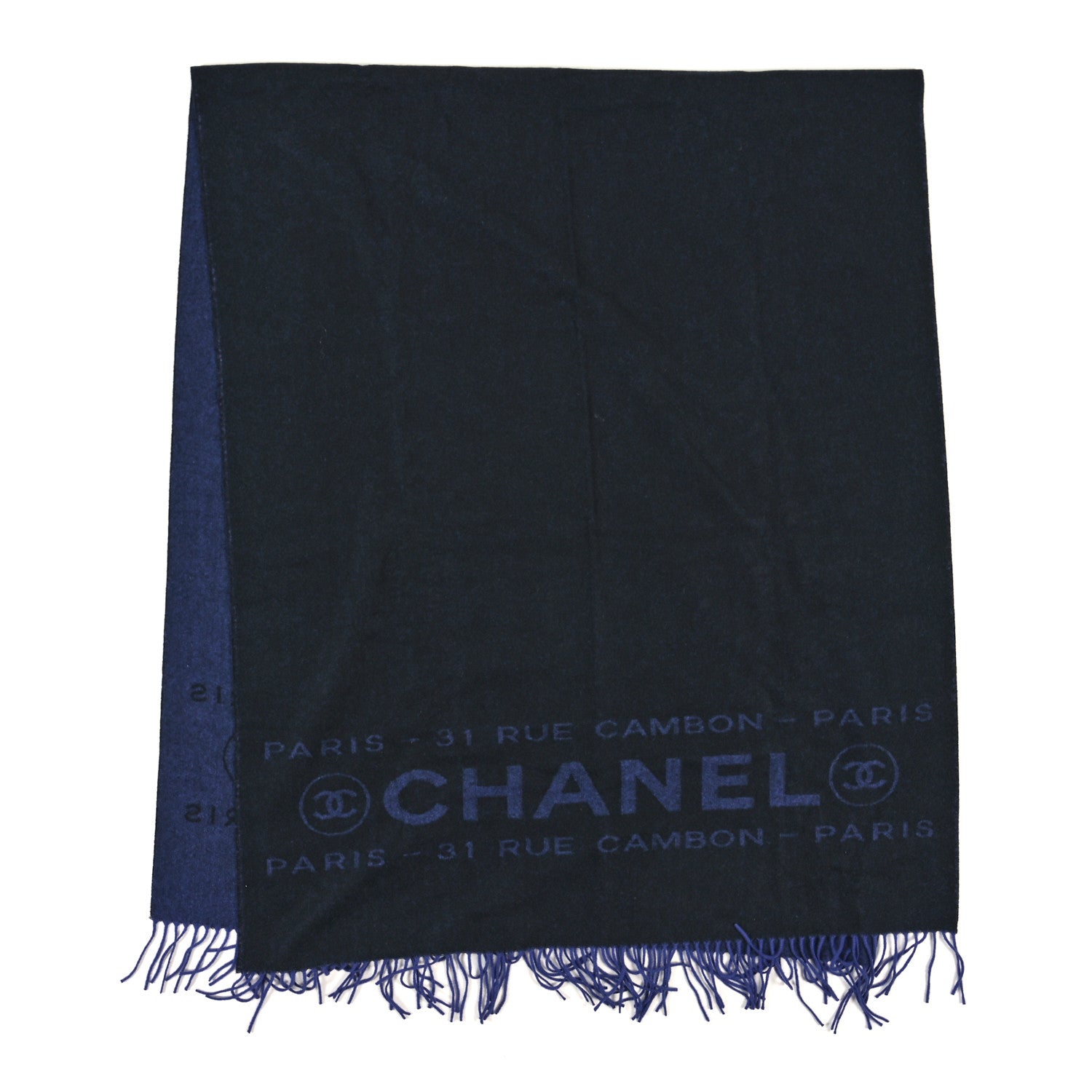 Chanel Cashmere CC Fringe Stole Blue Black 2 of 3
