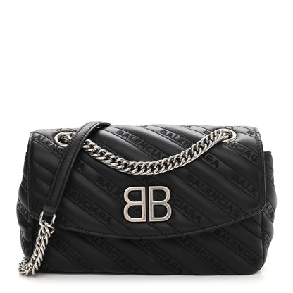 Balenciaga Calfskin Logo Matelasse S BB Round Shoulder Bag Black 1 of 9