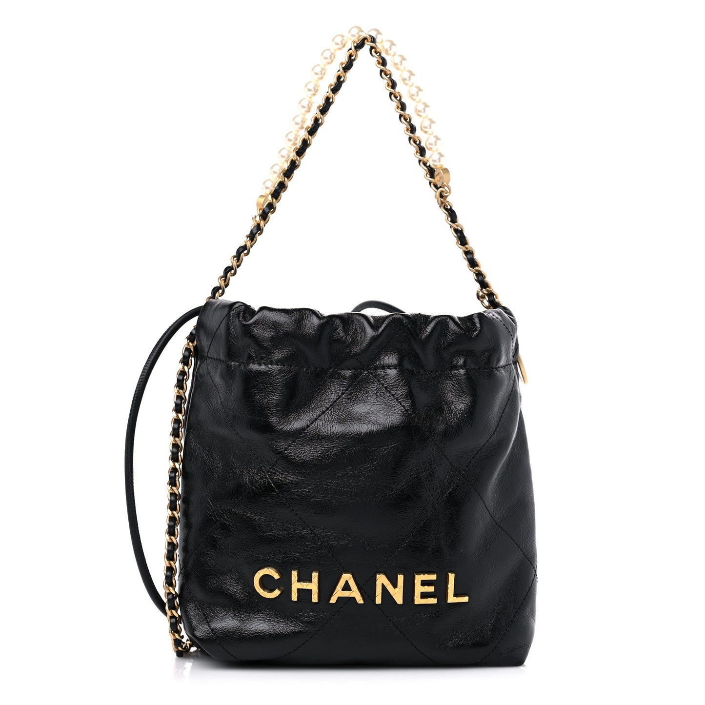 Shiny Crumpled Calfskin Quilted Pearl Mini Chanel 22 Black