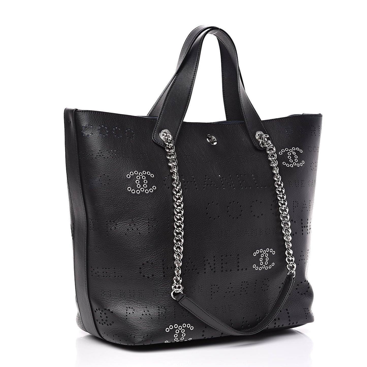 Calfskin Tweed Small Logo Eyelets Shopping Tote Black