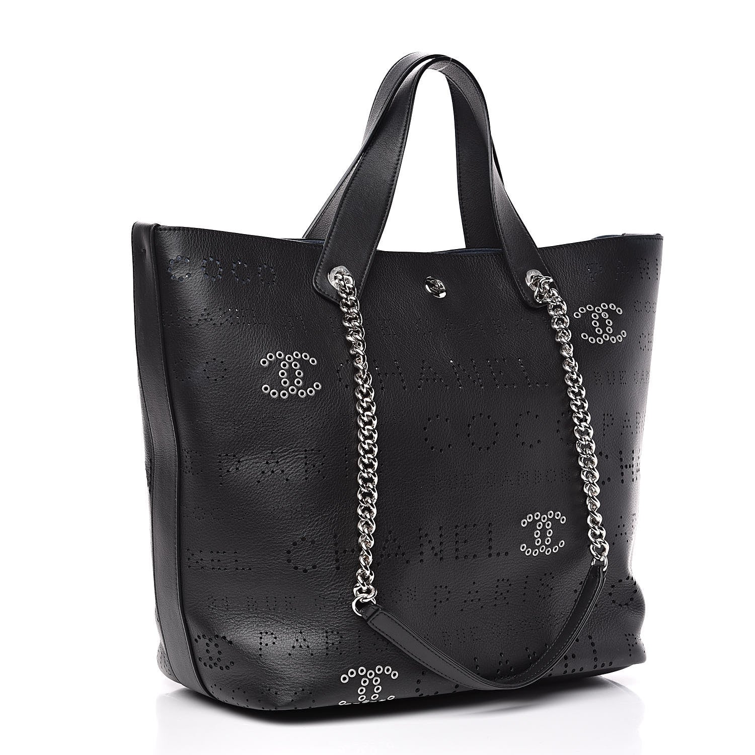 Chanel Calfskin Tweed Small Logo Eyelets Shopping Tote Black 4 of 11