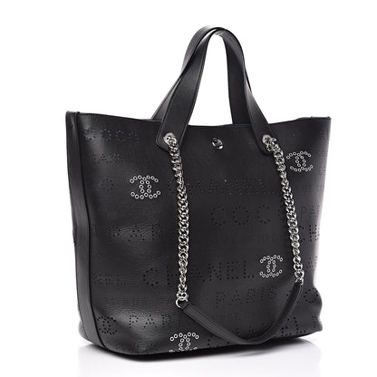 Chanel Calfskin Tweed Small Logo Eyelets Shopping Tote Black 4 of 11