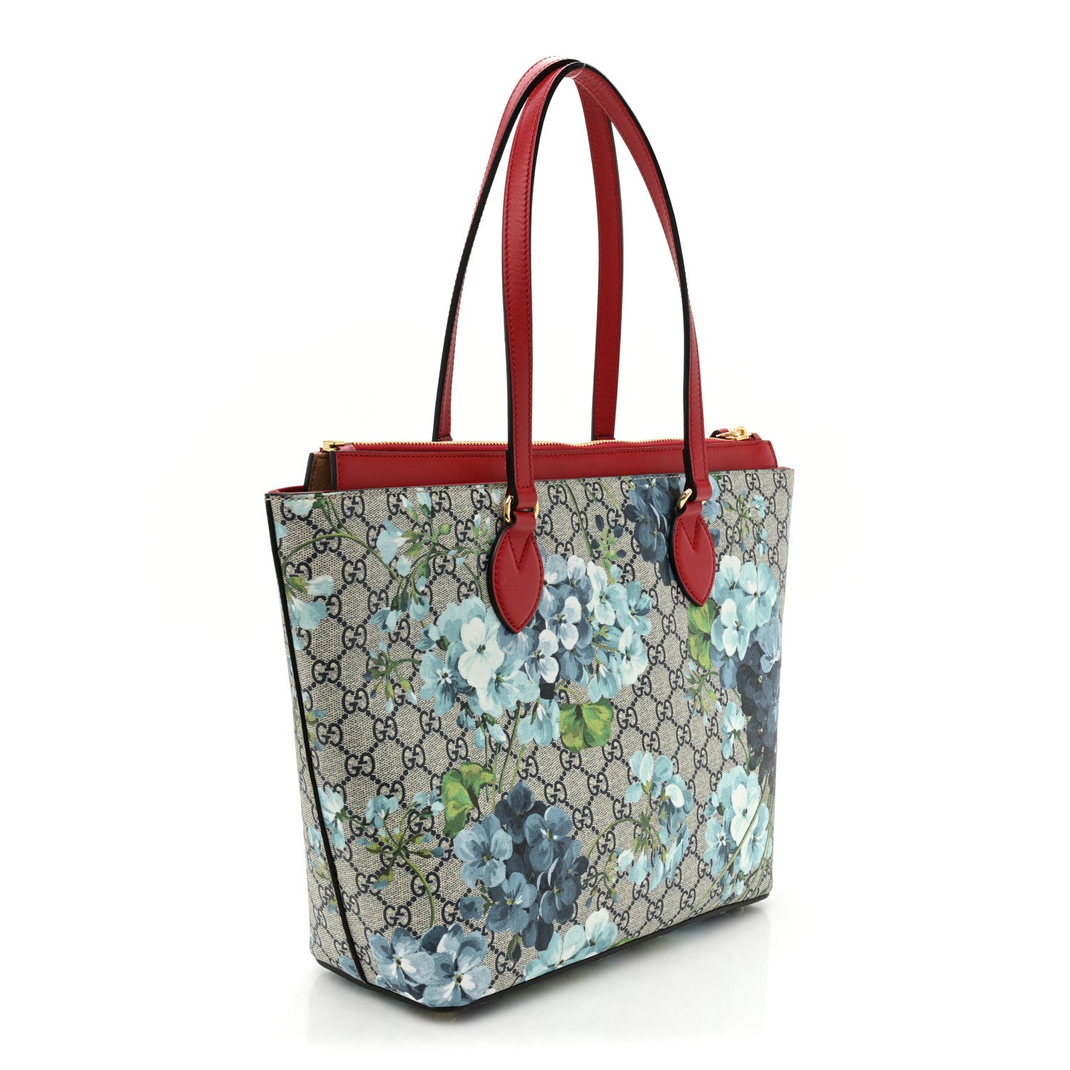 Gucci GG Supreme Monogram Blooms Medium Zippered Bucket Tote Beige Blue Navy Hibiscus Red 3 of 9