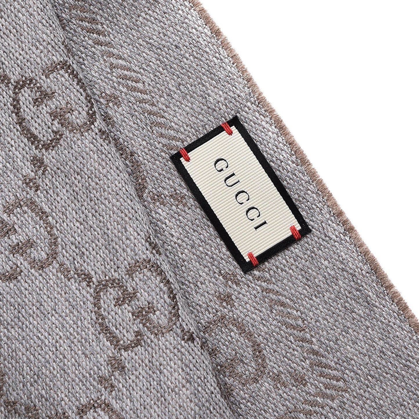 Wool Jacquard GG Monogram Sten Fringe Scarf Taupe Light Grey