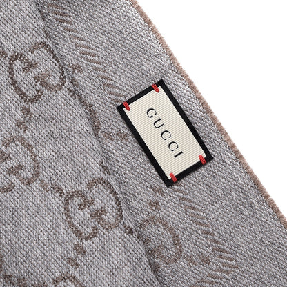 Gucci Wool Jacquard GG Monogram Sten Fringe Scarf Taupe Light Grey 5 of 5