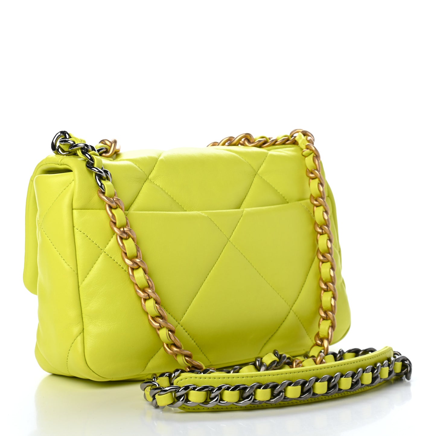 Shiny Lambskin Quilted Medium Chanel 19 Flap Neon Yellow