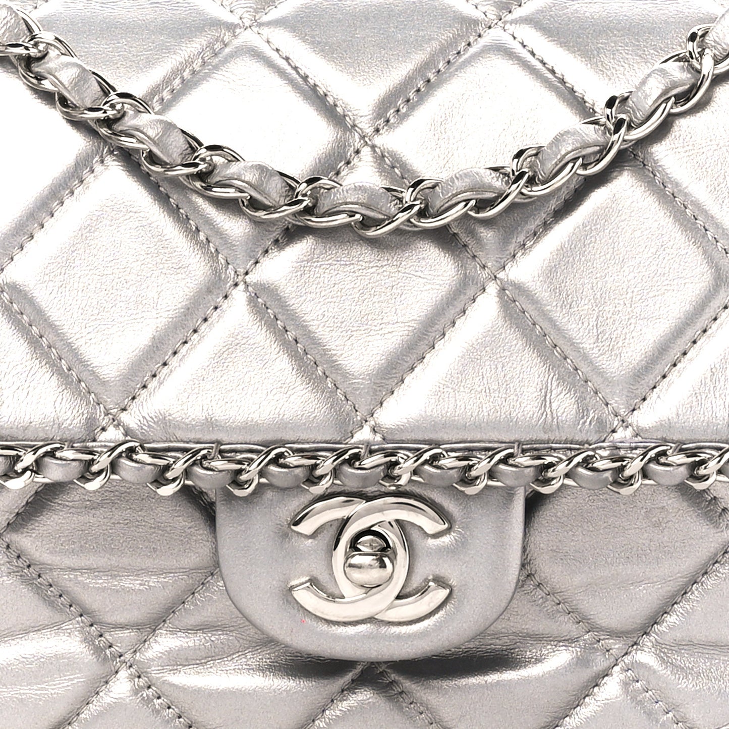 Metallic Lambskin Medium Chain All Over Flap Silver