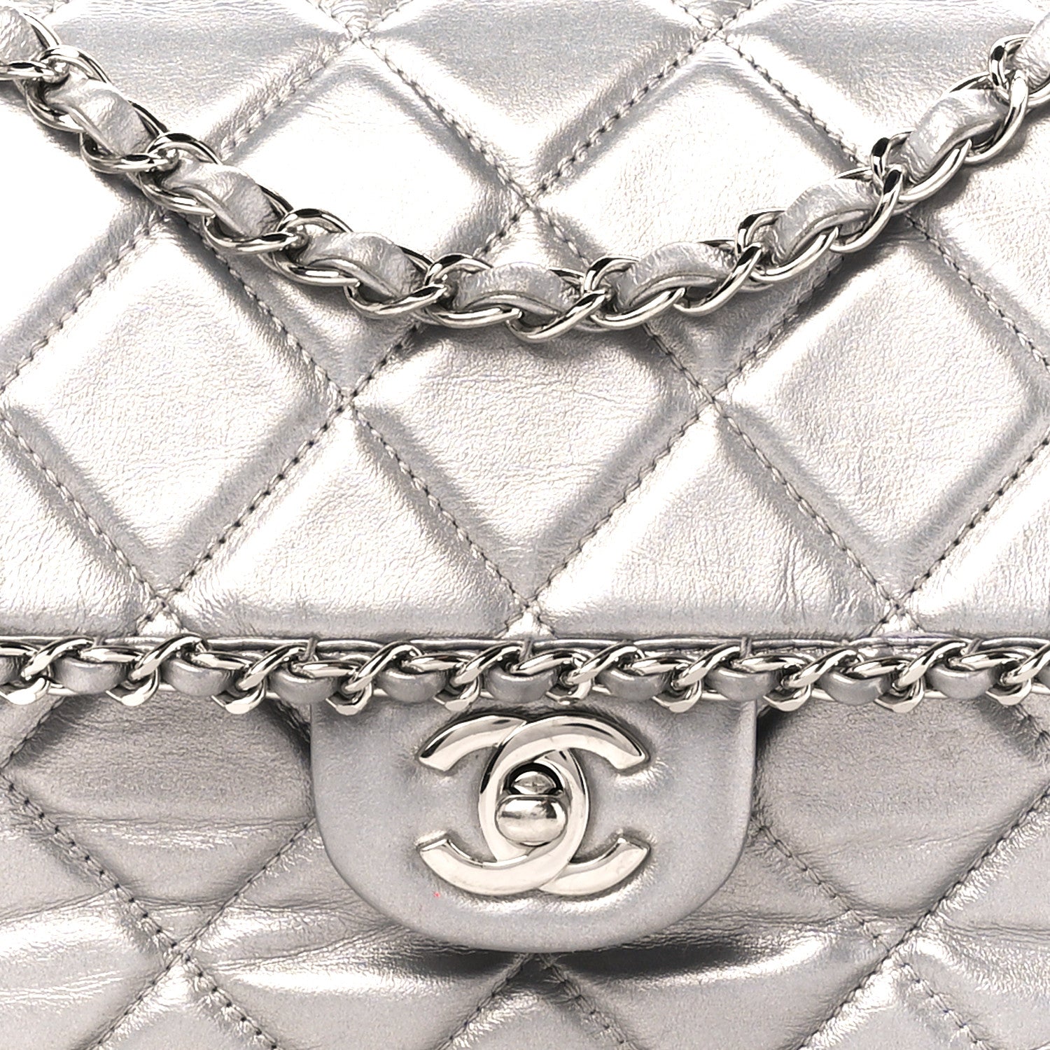 Chanel Metallic Lambskin Medium Chain All Over Flap Silver 9 of 12