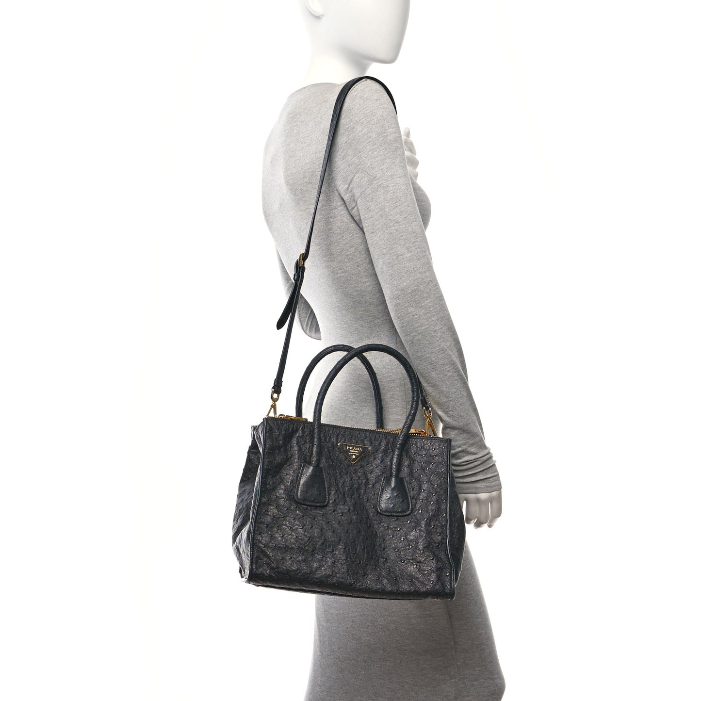 Ostrich Small Double Zip Tote Black