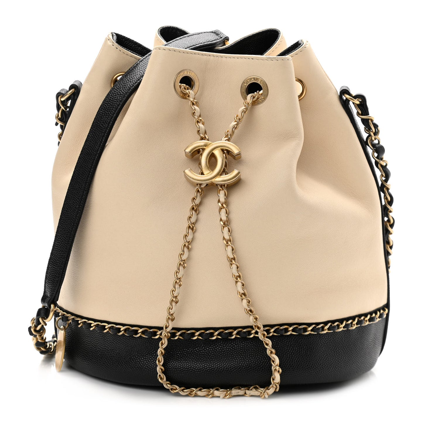 Lambskin Caviar Lovely Chains Drawstring Bag Beige Black