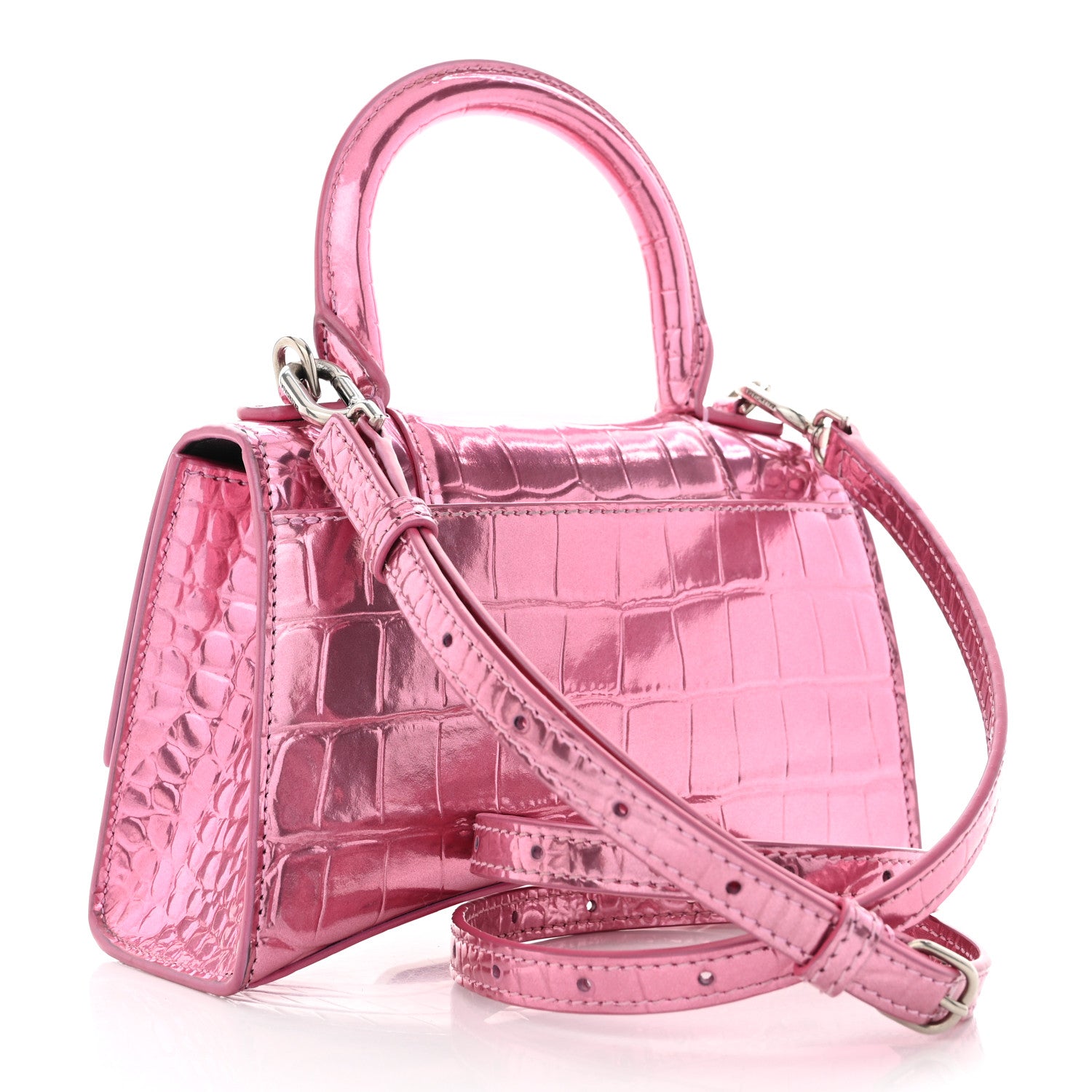 Balenciaga Metallic Shiny Calfskin Crocodile Embossed Hourglass Top Handle Bag XS Pink 3 of 12