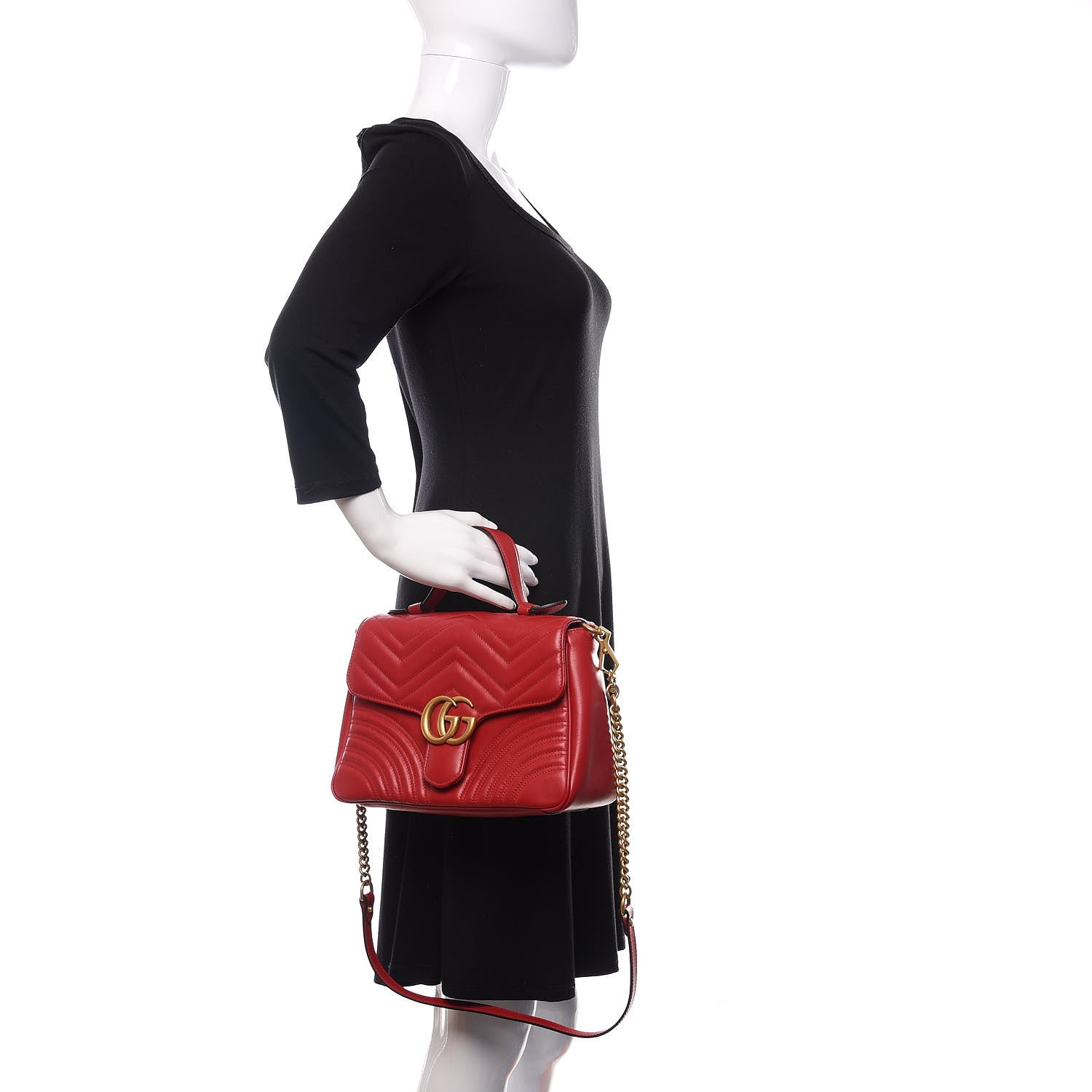 Gucci Calfskin Matelasse Small GG Marmont Top Handle Shoulder Bag Hibiscus Red 3 of 11
