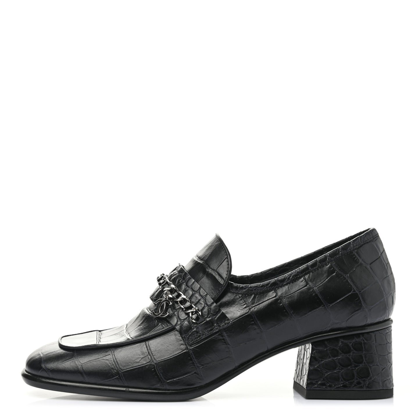 Calfskin Crocodile Embossed CC Chain Mocassin Loafers 37.5 Navy Black