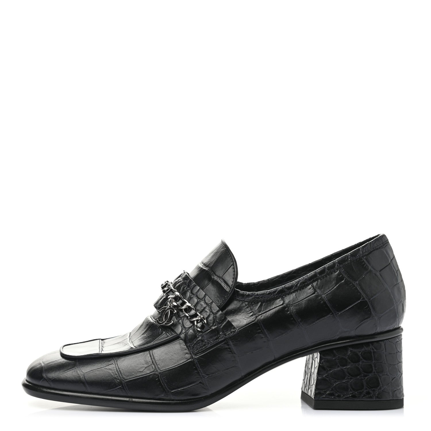 Chanel Calfskin Crocodile Embossed CC Chain Mocassin Loafers 37.5 Navy Black 1 of 8