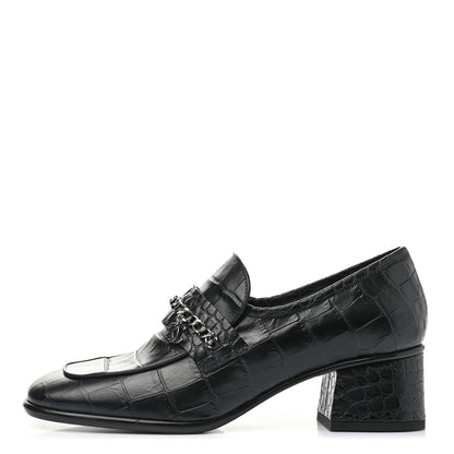 Chanel Calfskin Crocodile Embossed CC Chain Mocassin Loafers 37.5 Navy Black 1 of 8