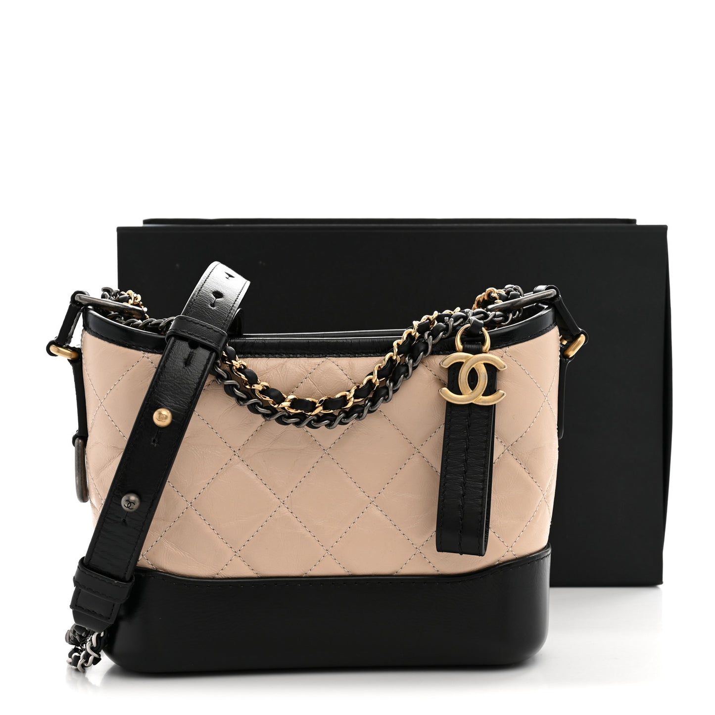 Aged Calfskin Quilted Small Gabrielle Hobo Beige Black