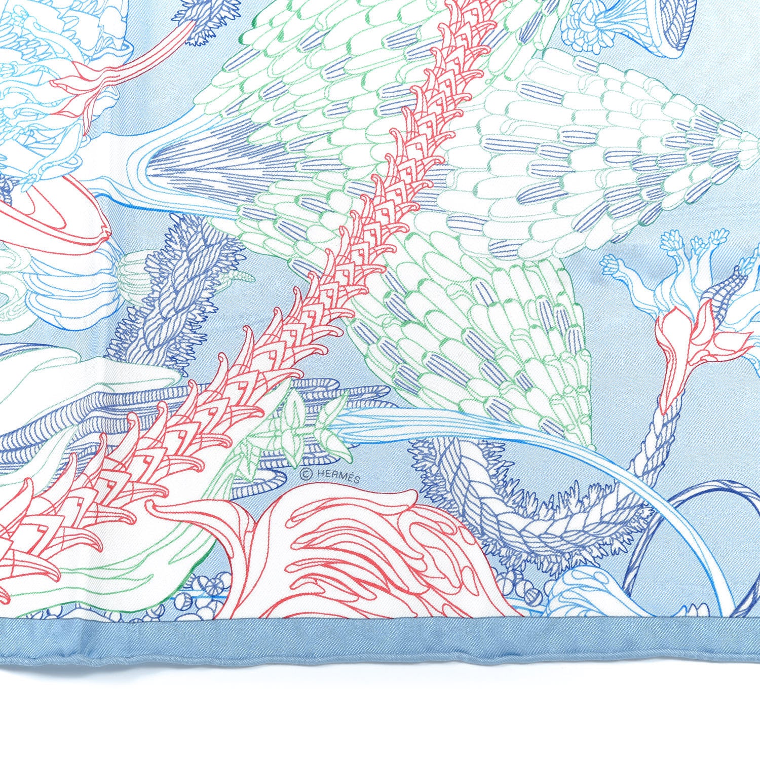 Hermes Silk Fantaisie Botanique Pocket Square Bleu Ciel White Rouge 3 of 5