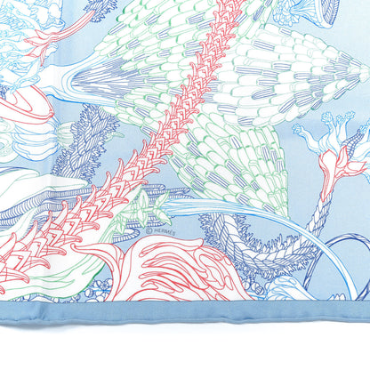 Hermes Silk Fantaisie Botanique Pocket Square Bleu Ciel White Rouge 3 of 5