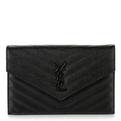 Saint Laurent Grain De Poudre Matelasse Chevron Monogram Envelope Chain Wallet Black 1 of 6