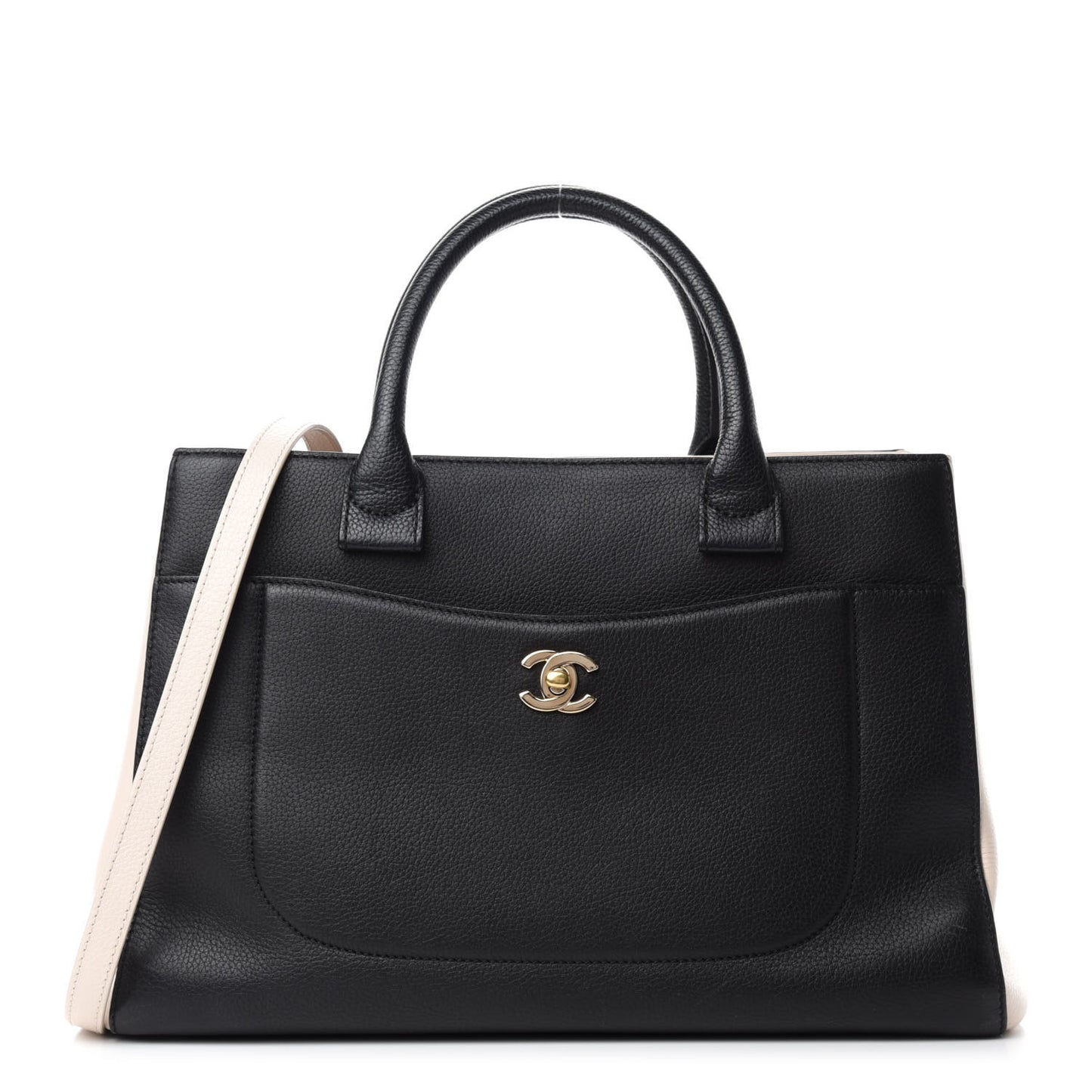 Grained Calfskin Small Bi-Color Neo Executive Shopper Tote Black Beige