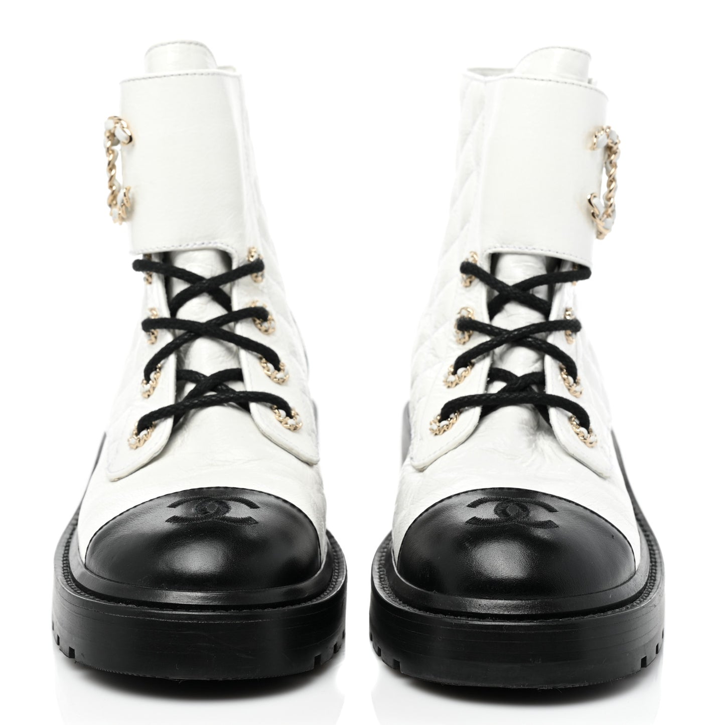 Shiny Goatskin Calfskin Quilted Lace Up Combat Boots 38 Black White