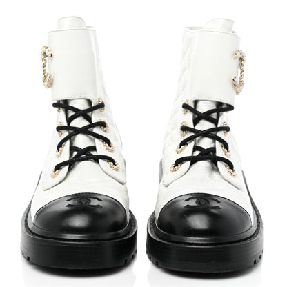 Chanel Shiny Goatskin Calfskin Quilted Lace Up Combat Boots 38 Black White 2 of 9
