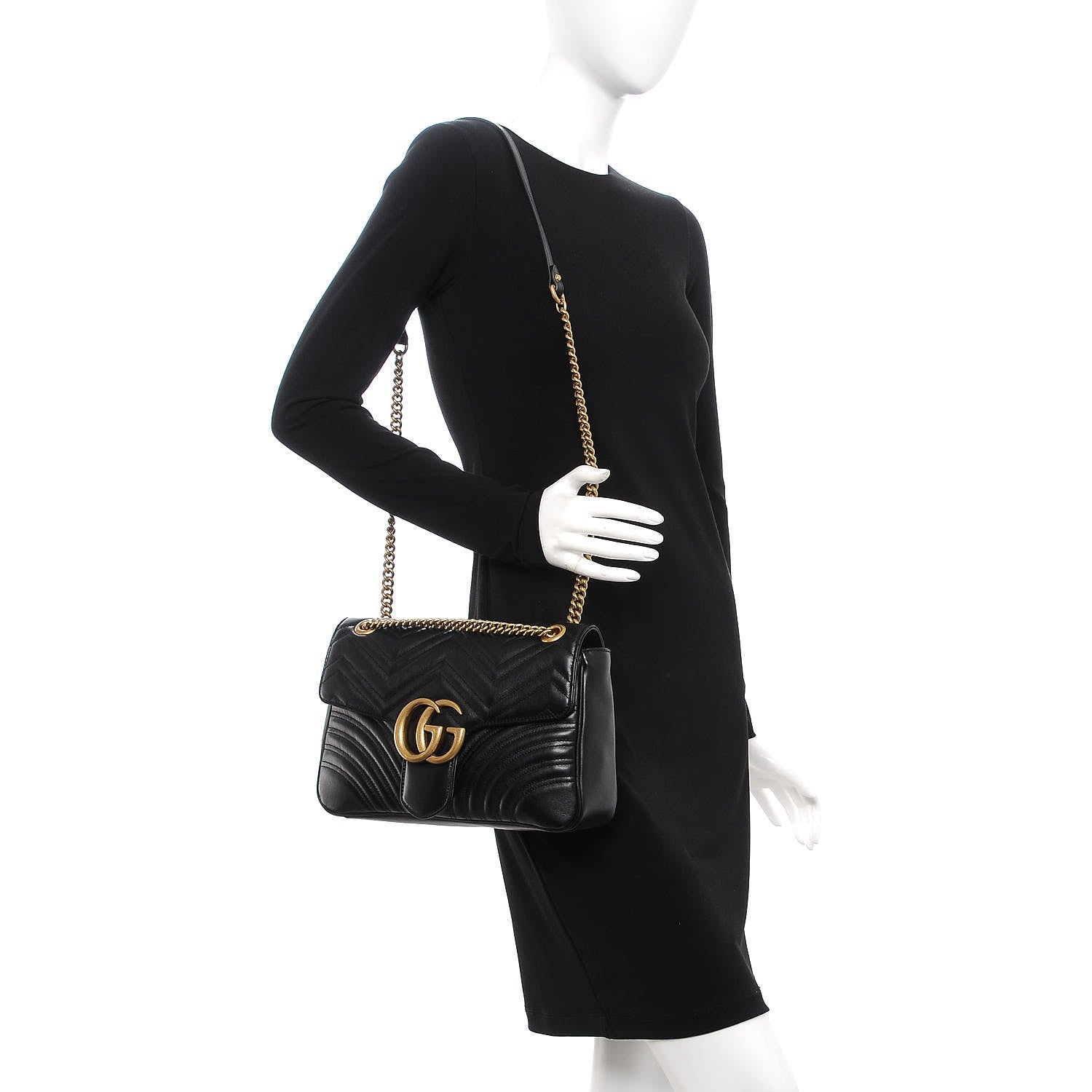 Gucci Calfskin Matelasse Medium GG Marmont Shoulder Bag Black 2 of 8