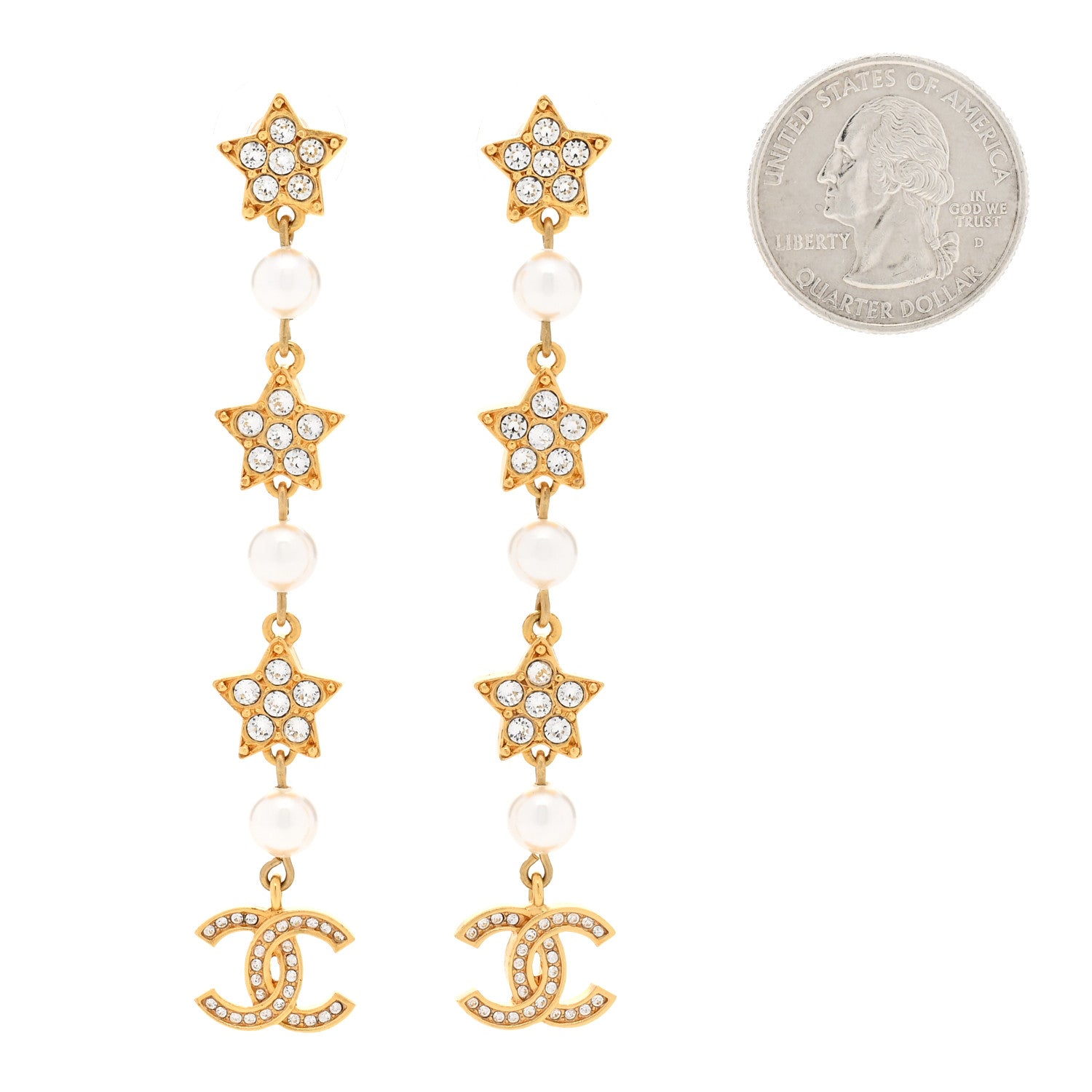 Chanel Crystal Pearl CC Star Drop Earrings Gold 2 of 4
