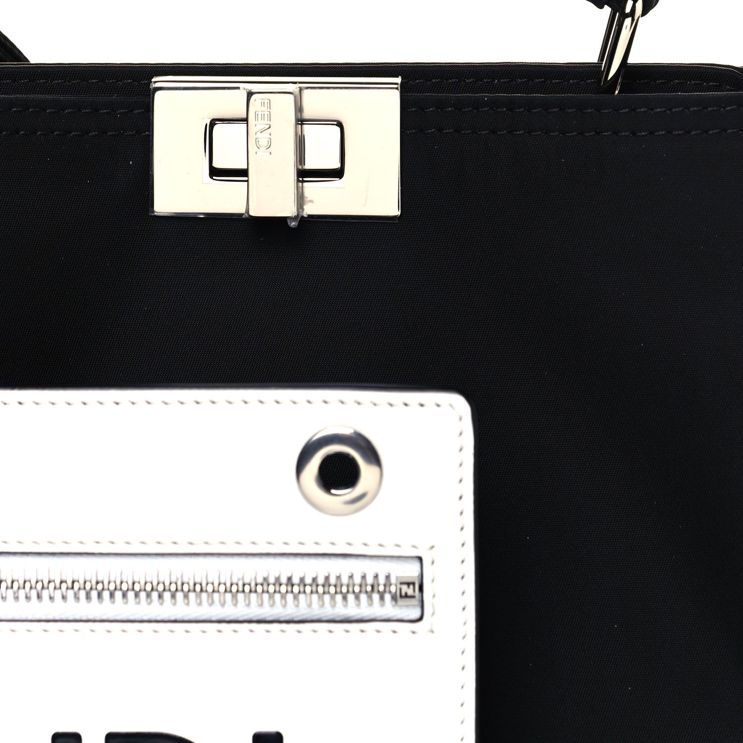 Fendi Nylon Vitello Cover Logo Embossed Mini Peekaboo I SEE U Satchel Black White 9 of 11