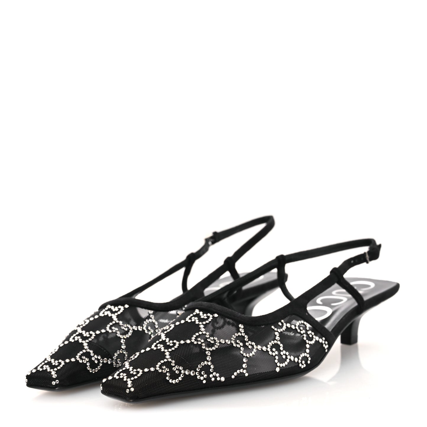 Tela Retino Kid Scamosciato Crystal GG Monogram Square G 35mm Slingback Pumps 38.5 Black