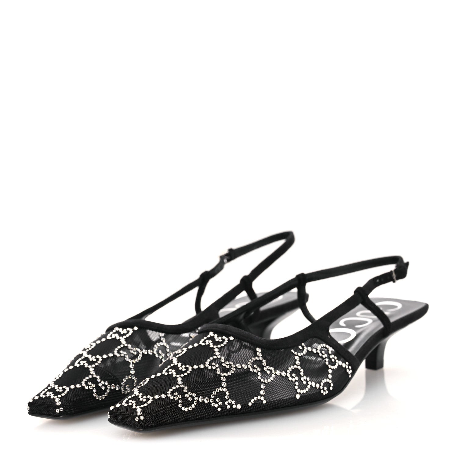 Gucci Tela Retino Kid Scamosciato Crystal GG Monogram Square G 35mm Slingback Pumps 38.5 Black 4 of 10
